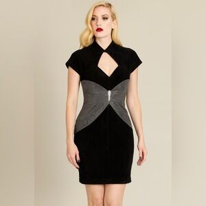 Vintage Karen Okada for David Howard Black Leather Suede Dress Size 8 USA 80s